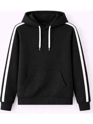 Modi Green Erkek Salaş Stil Siyah Şeritli Oversize 3 Iplik Pamuklu Kapüşonlu Sweatshirt