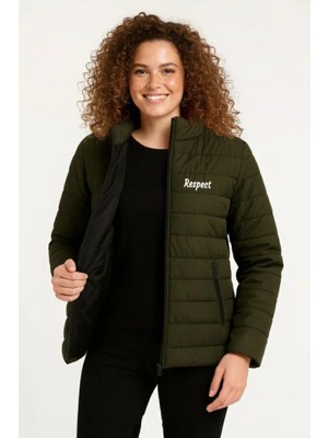 Modi Green Baskılı Kadın Modern Stil Haki Mikro Su Itici Kapitone Astarlı Fermuarlı Bomber Mont