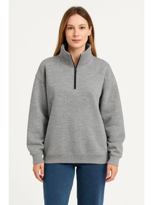 Modi Green Kadın Günlük Stil Gri Üç Iplik Dık Yaka Yarım Fermuarlı Sweatshirt