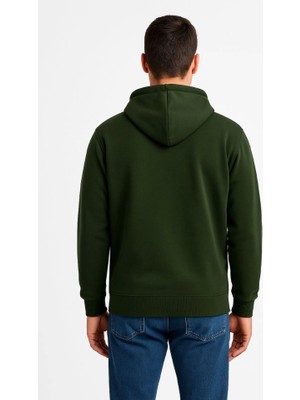 Modi Green Erkek Sokak Stili Haki Üç Iplik Kapüşonlu Tam Fermuarlı Kanguru Çepli Hoodie Sweatshirt