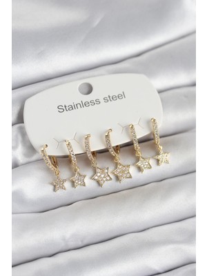 Zenvia 316L Çelik Gold Renk 6'lı Set Yıldız Model Kadın Küpe - TJ-BKP11751