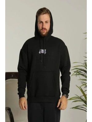Modi Green Baskılı Erkek Salaş Stil Siyah Oversize Üç Iplik Kapüşonlu Sweatshirt