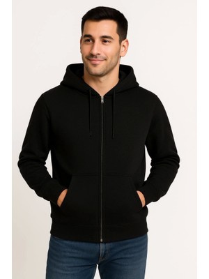 Modi Green Erkek Sokak Stili Siyah Üç Iplik Kapüşonlu Tam Fermuarlı Kanguru Çepli Hoodie Sweatshirt