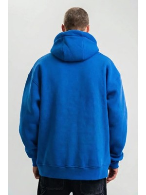 Modi Green Erkek Salaş Stil Saks Mavi Saks Mavi Double Oversize 3 Iplik Pamuklu Kapüşonlu Kanguru Cepli Hoodie Sweatshirt