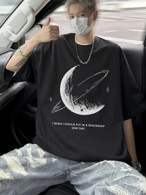 Modi Green Baskılı Kadın Salaş Stil Siyah Oversize Bisiklet Yaka Tişört