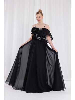 Bdm Exclusive Şifon Balenli Çiçek Aplikli Nakışlı Uzun Abiye Elbise