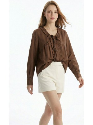 Rays Kahve V Yaka Fırfırlı Bağlama Detay Bluz 0108