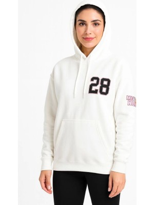 Modi Green Arka Baskılı Kadın Sokak Stili Beyaz Üç Iplik Kapüşonlu Ön ve Hoodie Sweatshirt