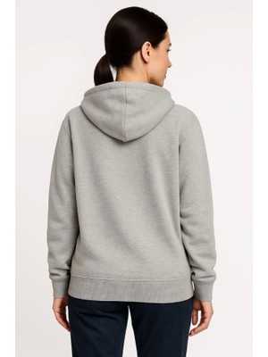 Modi Green Kadın Sokak Stili Gri Üç Iplik Kapüşonlu Tam Fermuarlı Kanguru Çepli Hoodie Sweatshirt