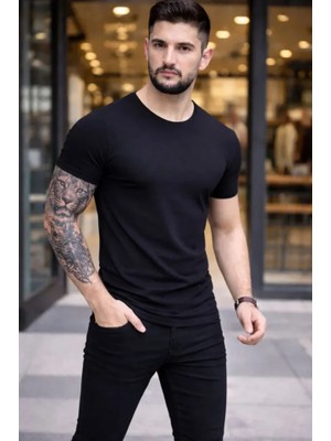 Modi Green Siyah Tişört Erkek Fit Duruş Açık Mavi 2'li Bisiklet Yaka – Kısa Kollu Yazlık Slim Fit Body