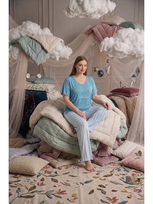 Seamlife Büyük Beden Düğmesiz Viskon Kısa Kollu Palazzo Pijama Takımı-Oversize Üst Geniş Paça Alt