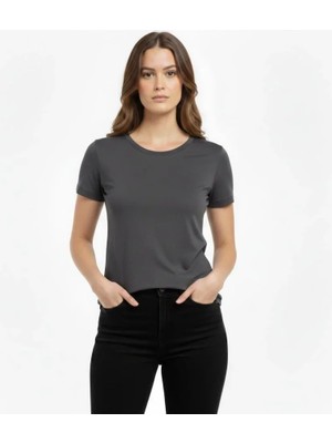 Modi Green Kadın Füme Bisiklet Yaka Slim Fit Likralı Günlük Basic Body Tişört