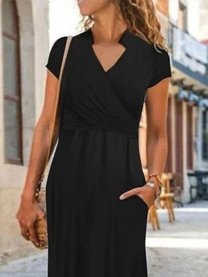 Modi Green Viskon Kadın Zarif Duruş Kısa Kollu Hakim V Yaka Elbise