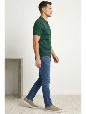 Modi Green Erkek Günlük Stil Çağla Yeşili Çizgili Triko Dokuma Kumaş Polo Yaka Yarım Fermuarlı Regular Kalıp Tişört