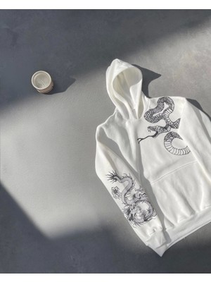 Modi Green Baskılı Kadın Günlük Stil Beyaz Uzun Kol Kapüşonlu Sweatshirt