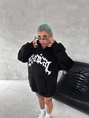 Modi Green Baskılı Unisex Günlük Stil Siyah Üç Iplik Kapüşonlu Sweatshirt