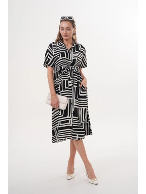 Navy Midi Boy Düğmeli Kuşaklı Kısa Kollu Gömlek Yaka Elbise