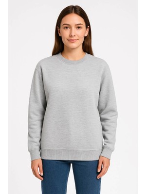 Modi Green Kadın Günlük Stil Gri Üç Iplik Düz Bisiklet Yaka Sweatshirt