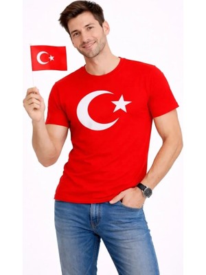 Modi Green Baskılı Erkek Günlük Stil Kırmızı Kısa Kol Bisiklet Yaka Ay Yıldız Bayrak Tişört
