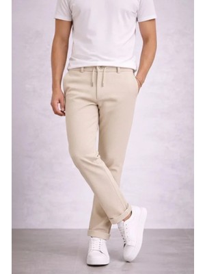 Modi Green Erkek Rahat Kullanım Krem Diagonel Mikro Dokulu Duble Paça Cepli Bağcıklı Bel, Modern Kesim Pantolon