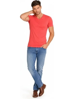 Modi Green Erkek Nar Çiçeği V Yaka Slim Fit Dar Kesim Likralı Günlük Basic Body Tişört