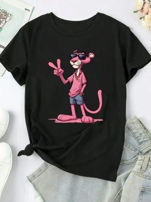 Modi Green Baskılı Kadın Salaş Stil Beyaz Pembe Panter Oversize Bisiklet Yaka Tişört