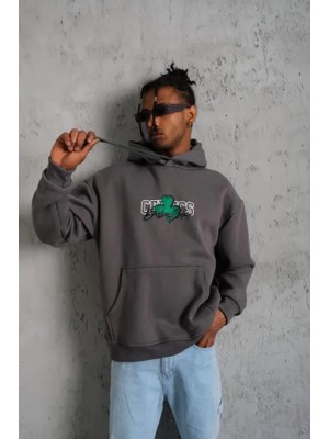 Modi Green Baskılı Erkek Sokak Stili Gri Kapüşonlu ve Kordon Ipli Sweat