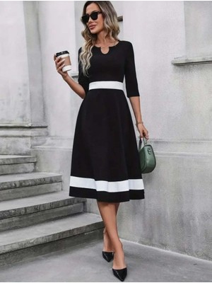 Modi Green Janjan Krep Kadın Zarif Duruş Truvakar Kol V Yakalı Midi Elbise