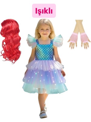 3b Kids Deniz Kızı Işıklı Kostüm Elbise + Kırmızı Deniz Kızı Saç Peruk + Inci Taç + Pembe File Eldiven Seti