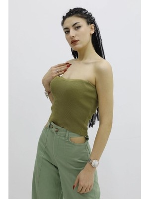 Modi Green Kadın Modern Stil Likralı Triko Haki - P-019895 Büstiyer