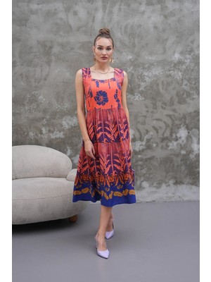 Navy Midi Boy Kare Yaka Havai Desen Kolsuz Viskon Ellbise