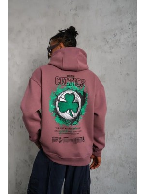 Modi Green Baskılı Erkek Sokak Stili Gül Kurusu Kapüşonlu ve Kordon Ipli Sweat