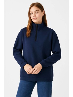 Modi Green Kadın Günlük Stil Lacivert Üç Iplik Dık Yaka Yarım Fermuarlı Sweatshirt