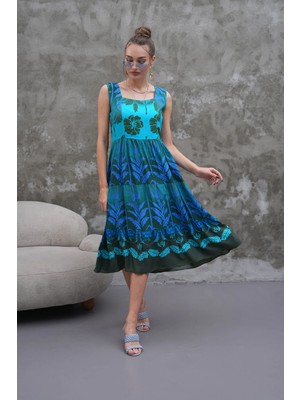 Navy Midi Boy Kare Yaka Havai Desen Kolsuz Viskon Ellbise