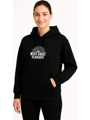 Modi Green Arka Baskılı Kadın Sokak Stili Siyah Üç Iplik Kapüşonlu Ön ve Hoodie Sweatshirt