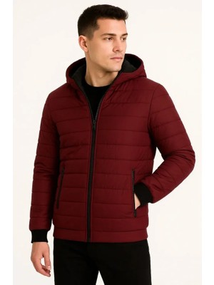 Modi Green Erkek Sokak Stili Bordo Şişme Kapüşonlu Fermuarlı Mont Su Itici Kapitone Astarlı Kumaş Cepli Kışlık Rahat Kalıp