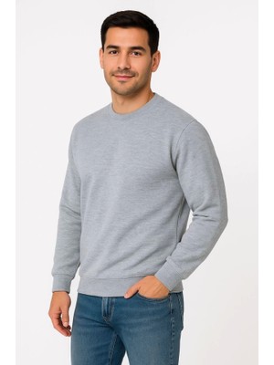 Modi Green Erkek Günlük Stil Gri Üç Iplik Düz Bisiklet Yaka Sweatshirt
