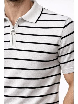 Modi Green Erkek Günlük Stil Beyaz Triko Polo Yaka Fermuarlı Çizgili Yazlık Şık Tişört