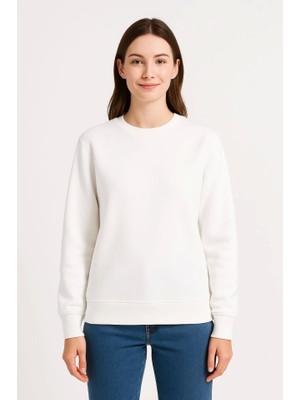 Modi Green Kadın Günlük Stil Beyaz Üç Iplik Düz Bisiklet Yaka Sweatshirt