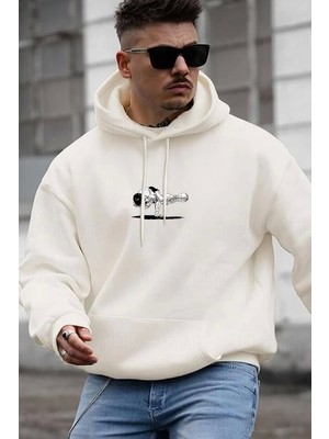 Modi Green Baskılı Erkek Sokak Stili Beyaz Kapüşonlu ve Kordon Ipli Sweat