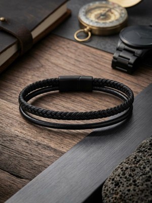 Generic *premium Hakiki Deri El Örmesi Ikili Kombin Erkek Bileklik - Manyetik Mıknatıslı Kilitli Siyah Seri**