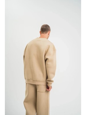 Modi Green Kadın Günlük Stil Bej Uzun Kol Bisiklet Yaka Basic Sweatshirt