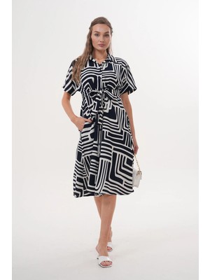 Navy Midi Boy Düğmeli Kuşaklı Kısa Kollu Gömlek Yaka Elbise