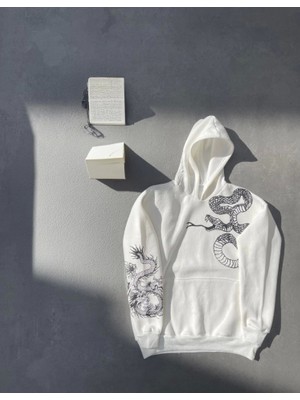 Modi Green Baskılı Kadın Günlük Stil Beyaz Uzun Kol Kapüşonlu Sweatshirt