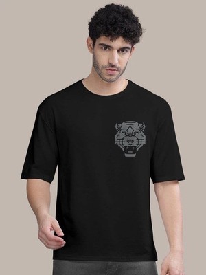 Modi Green Baskılı Erkek Günlük Stil Siyah Oversize Tişört