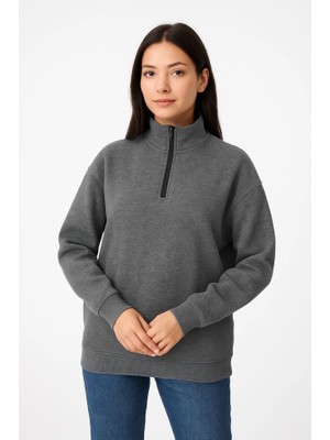 Modi Green Kadın Günlük Stil Antrasit Üç Iplik Dık Yaka Yarım Fermuarlı Sweatshirt