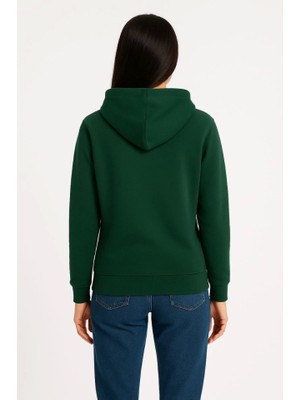 Modi Green Kadın Sokak Stili Haki Üç Iplik Kapüşonlu Kanguru Çepli Hoodie Sweatshirt