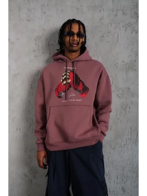 Modi Green Baskılı Erkek Sokak Stili Gül Kurusu Eldiven Kapüşonlu Sweat