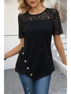 Modi Green Waffle Kadın Zarif Dokunuş Kısa Kollu Dantel Detaylı Yandan Düğmeli Bluz