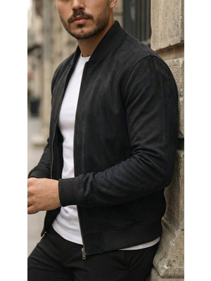 Modi Green Süet Erkek Şehir Stili Önden Fermuarlı Içi Astarlı Ceket